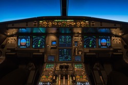 Cockpit view of a commercial jet aircraft cruising at flight level 360.