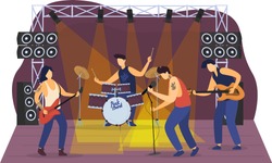 Rock music band give concert, friend group together perform hard melody and dance isolated on white, flat vector illustration. Street concert scene, people together play musical accompaniment.