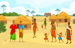 Tribe ethnic people in Africa flat vector illustration. Cartoon African woman with jug, afro character in tribal traditional costume, standing near ethnic hut house in village, rural African landscape