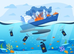 Oil gas industry eco catastrophe vector illustration. Cartoon flat seascape with gas oil ship tanker fire and spill, sinking supertanker, barrels with spilled oil, shipwreck ecocatastrophe background