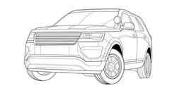 Vector line art car, concept design. Vehicle black contour outline sketch illustration isolated on white background. Stroke without fill. Cower drawing. Black-white icon.