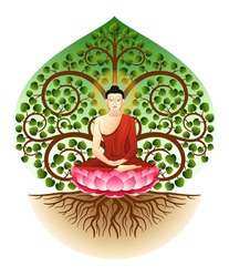 buddha meditate under Bodhi tree .Graphic vector