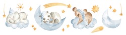 Baby animals sleeping watercolor illustration with elephant, panda and koala in the sky with moon, clouds and stars in pastel blue for nursery