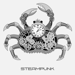 Mechanical crab with gear wheels and the watch. Vector illustration in steampunk style. It can be used for t-sirt print.