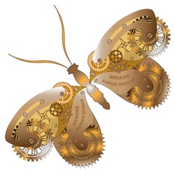 Fantasy mechanical  butterfly with gear wheels and cogs. . Collage in steampunk style. Isolated on white background.