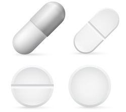 Pills Capsules Template, 3d Realistic White Medical Pill Icon Set Closeup. Pharmacy treatment. Vector