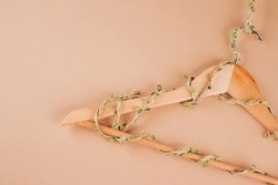 Wooden hangers entwined with plants on biege background with copy space. Conscious and environmentally friendly consupmtion - new modern trends in shopping. Zero waste, slow fashion concept.