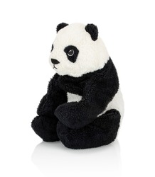 Giant panda plushie doll isolated on white background with shadow reflection. Plush stuffed puppet on white backdrop. Fluffy panda bear toy for children. Cute furry animal plaything for kids.