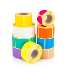 Colored label rolls isolated on white background with shadow reflection, clipping, vector path. Color reels of stickers for printer. Labels for direct thermal or thermal transfer printing.