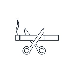 Cigarette, scissors. To give up smoking. Vector linear icon on a white background.