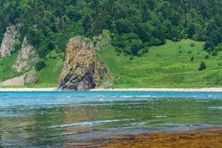 coastal landscape, beautiful lava rocks on the green coast of Kunashir island, algae on the littoral at low tide