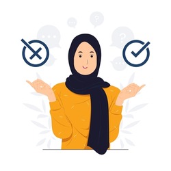 Muslim women choose between right or left, yes or no, Business decisions, ethical dilemma, choice, undecided concept illustration