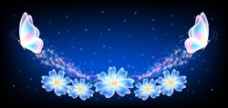 Flying transparent delightful butterfly and flowers with sparkle and blazing trail flying in sky among shiny glowing stars in cosmic space. Animal protection day concept.