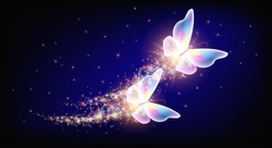 Flying delightful butterfly with sparkle and blazing trail flying in night sky among shiny glowing stars in night sky. Animal protection day concept.