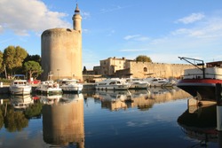 The Constance Tower and the medieval city of Aigues mortes, a resort on the coast of Occitanie region, Camargue, France
