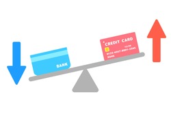 A credit card and a bankbook. Deposit balances and usage amounts. Credit report and debt image. Possibility of suspension of use. Vector illustration.