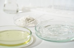 laboratory petri dishes with growth medium or culture medium and powder on a table. cosmetic testing in a lab, making ingredients safe