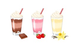 Milkshake set. Vector cartoon illustration of sweet vanilla, chocolate  and strawberry cocktail with whipped cream in glass cup. Summer drink flat icon. 