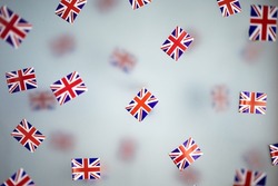 Great Britain, national holiday country. Mini flags on a transparent foggy background. concept patriotism, pride and freedom. Platinum Jubilee of Queen Elizabeth II. High quality photo