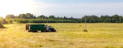 Tractor with a trailer in the field for agricultural work. Hay making, grassland. General plan, panorama. Copy space.