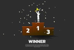 Silhouette of businesswoman with champion trophy on first place podium. Business Concept of winner and success
