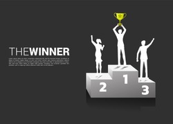 Silhouette of businessman and businesswoman with champion trophy on podium. Business Concept of winner and success