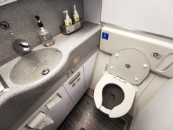 Inside Airplane lavatory .Small space  Inside the airplane toilet