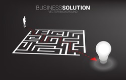 Silhouette of businessman with route path to exit the maze to light bulb. Business concept for problem solving and finding idea.