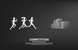 Silhouette of businessman and businesswoman running to first place podium. Business Concept of winner and success