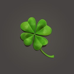 Four-leaf realistic lucky clover leaf on dark background. Vector illustration