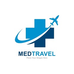 Medical travel with plane logo vector template. Suitable for travelling and plus health symbol
