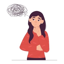 Woman thought. Confused thoughts. Problems. Overthinking. Vector graphic.