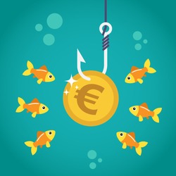 Coin euro on fishing hook and hungry fishes in temptation to catch a dollar. Money trap concept. Vector illustration