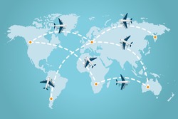 World map whit dashed trace line and airplanes flying. Travel concept. Vector illustration.