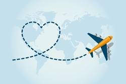 Love travel concept illustration in vector. Airplane flying and leave a blue dashed trace line.