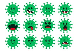 Corona-virus green emoticon vector set. Ncov covid19 corona virus flat cartoon icon and emoji with naughty and dizzy facial expressions isolated in white background. Vector illustration.  