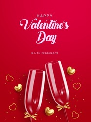 Happy valentine's day text vector design. Valentine's day greeting card with couple wine glass elements for romantic date background decoration. Vector Illustration.
