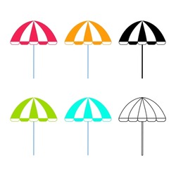 Beach umbrellas set in different colors. Sun parasols colorful, black, line art. Cartoon vector illustration of summer accessory. Cool flat design