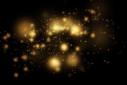 Texture glitter and elegant for Christmas. Sparkling magical gold yellow dust particles. Magic golden concept. Abstract black background with bokeh effect. Vector 