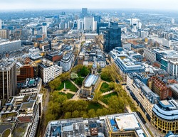 Aerial view of Birmingham, a major city in England’s West Midlands region, with multiple Industrial Revolution-era landmarks, UK