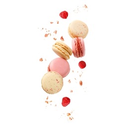 Sweet macaroons macarons with raspberry berries and crumbs flying isolated on  white background. French cookies with vanilla, raspberry and strawberry falling. Pastry shop card 