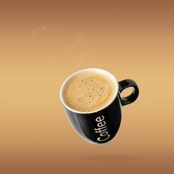 Black cup hot espresso coffee flying isolated on blurred brown background. Pastry shop or cafe card.