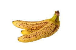 Bunch of yellow ripe bananas with dark brown spots isolated on a white background.