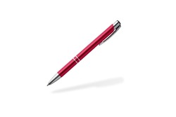 Red pen flying isolated on white background. Metallic ball pen in trendy color 2023 Viva Magenta with shadow