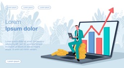 male businessman sitting on coins on a big laptop holding a laptop in his hands. a growing up chart is coming out of a large laptop. Vector illustration depicting success and earning online 