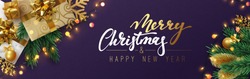 Christmas banner, Xmas sparkling lights garland with gifts box and golden tinsel. Horizontal christmas posters, cards, headers for website. Dark violet Happy New Year background. Vector illustration