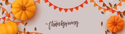 Thanksgiving day banner. Festive background with realistic 3d orange pumpkins, fall foliage. Horizontal holiday poster, header for website. Flat top view. Vector illustration
