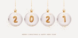 2021 Happy New Year. Golden metal number in glass bauble, Christmas decoration. Realistic 3d render metallic sign. Xmas Poster, banner, cover card, brochure flyer, layout design. Easy to edit for 2022