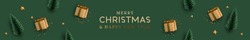 Christmas banner. Background Xmas design of realistic beige gifts box, decorative green tree pine, gold star, golden tinsel confetti. Horizontal Christmas header for website template, flat top view.