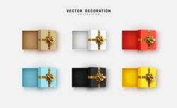 Set of empty open gift box with lush gold bow. Collection of realistic gifts presents flat lay top view. Festive colorful decorative 3d render object. Isolated on white background. vector illustration